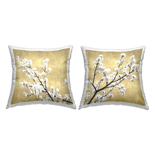 Stupell Industries White Cherry Blossom Branches Neutral Tan 2 Pillows, Each 18" x 18"